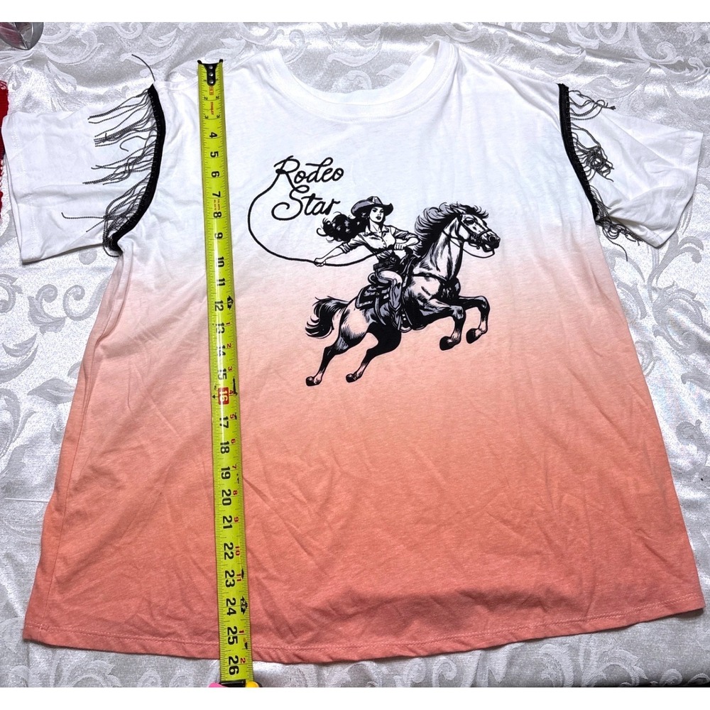 Cato Rodeo Star Graphic Ombre Fringe T-Shirt White Peach Kids Size 14/16W - Picture 2 of 4